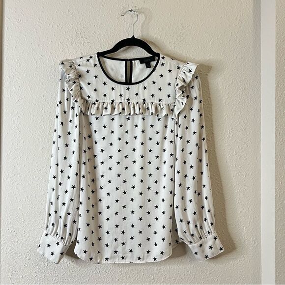 J. Crew Long Sleeve Silk Blouse Top Size 6 Off White Star Printed Ruffle - Picture 4 of 9